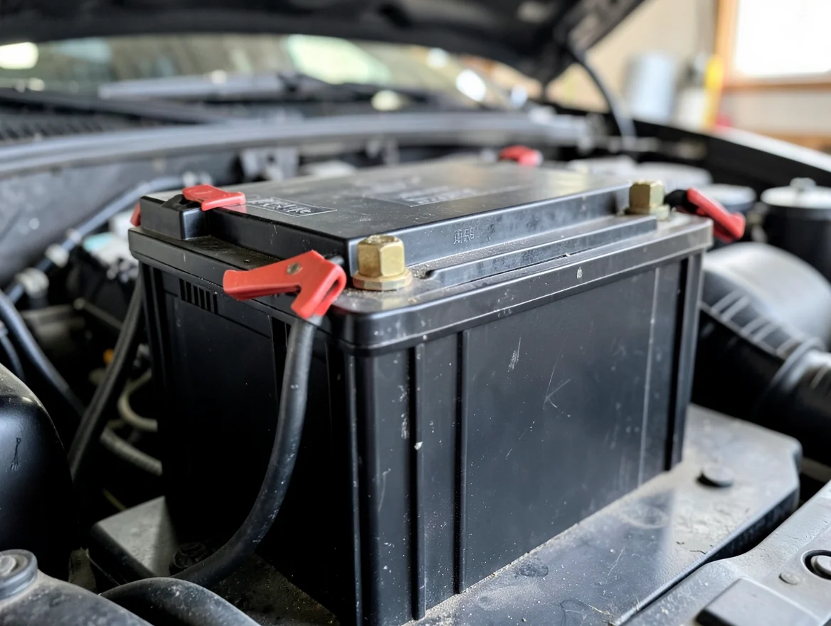 Car battery installed under the hood with red and black terminal clamps attached