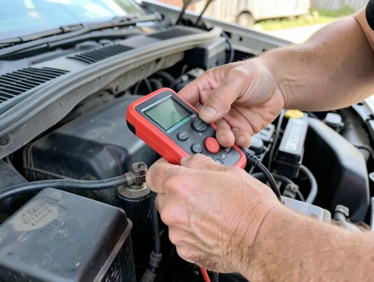 Mechanic testing car battery voltage with a digital tester under the hood to diagnose a charging problem