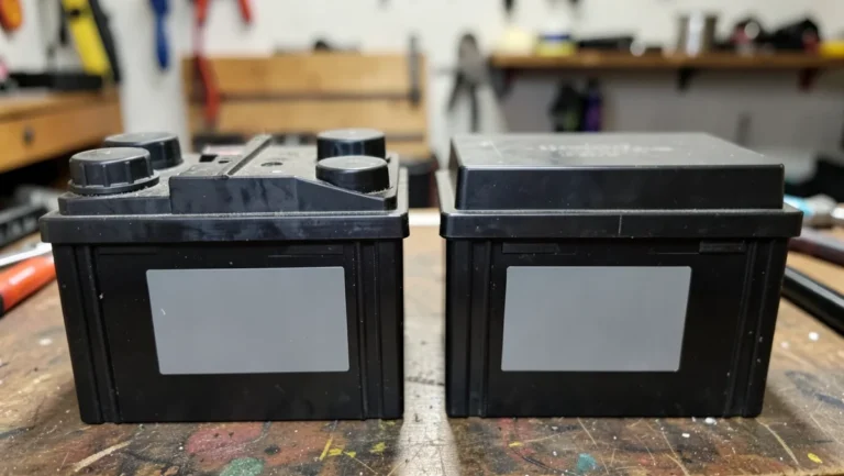 Side by side comparison of a standard car battery with removable vent caps and a sealed AGM battery with a flat top