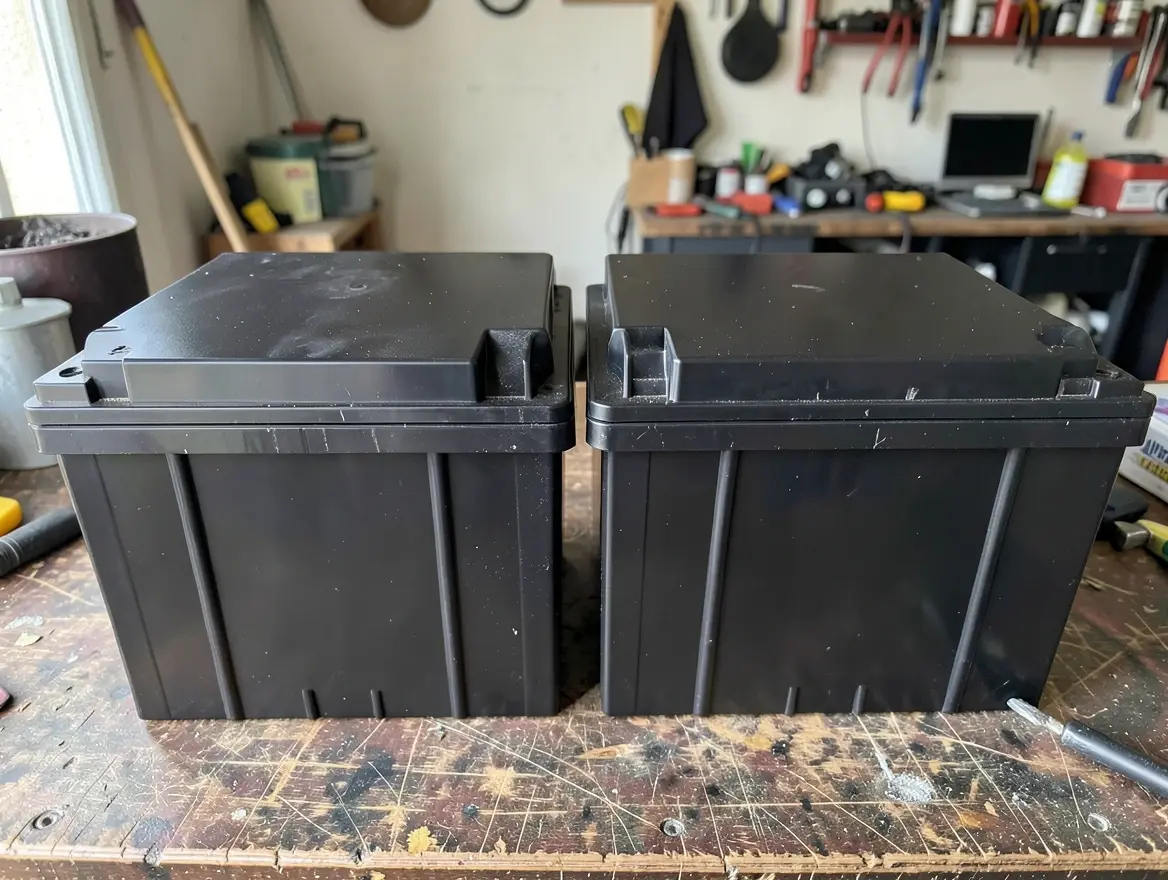 Two car batteries of different case styles side by side on a workbench