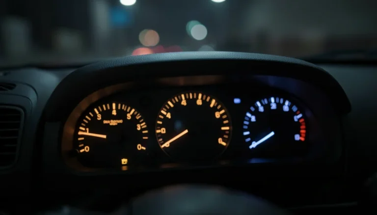 Car dashboard voltmeter gauge showing battery voltage at night