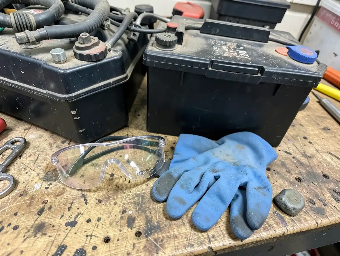 Safety goggles and rubber gloves next to a car battery before adding water
