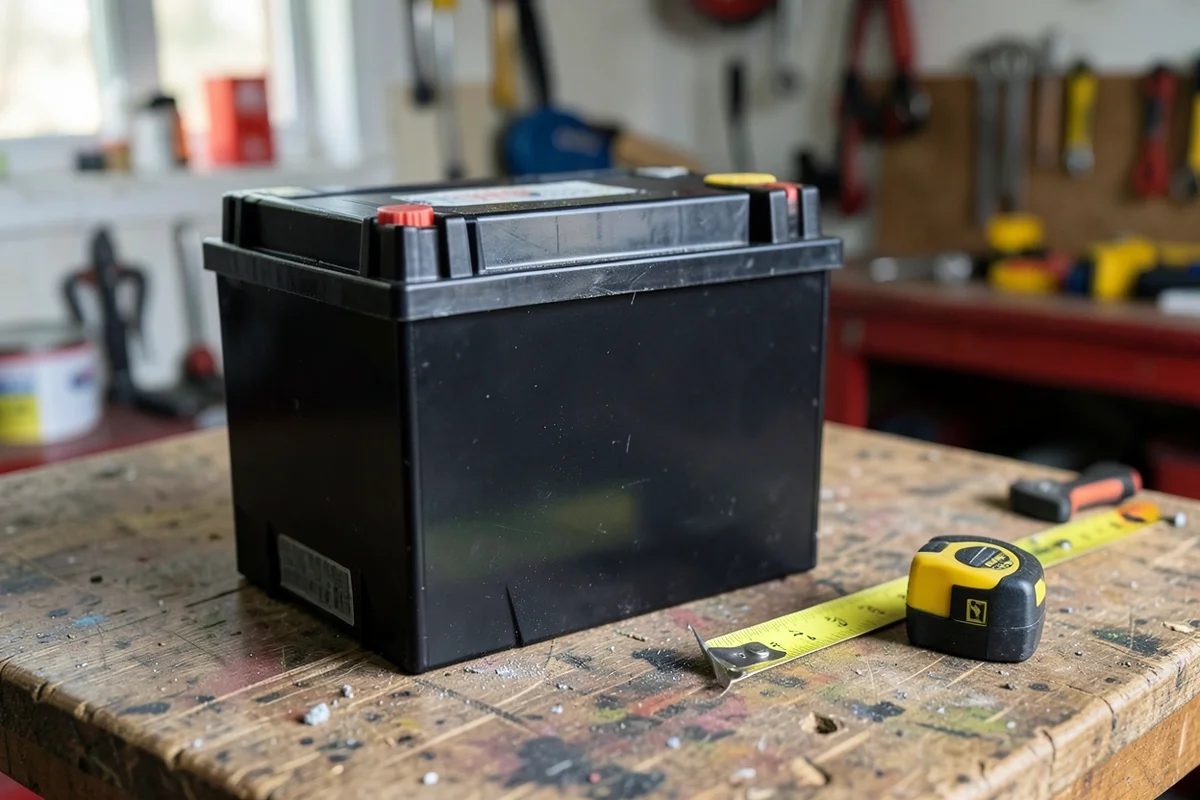 A car battery on a garage workbench next to a tape measure, illustrating its size and weight