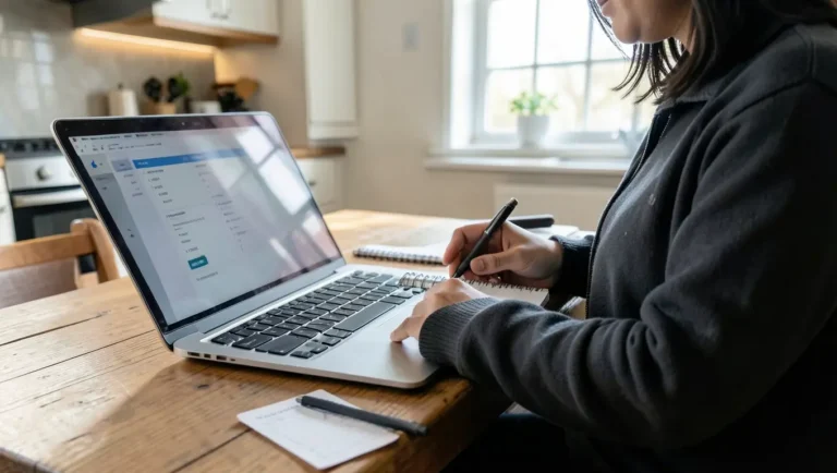 Person budgeting for a car purchase with a laptop and notebook at home