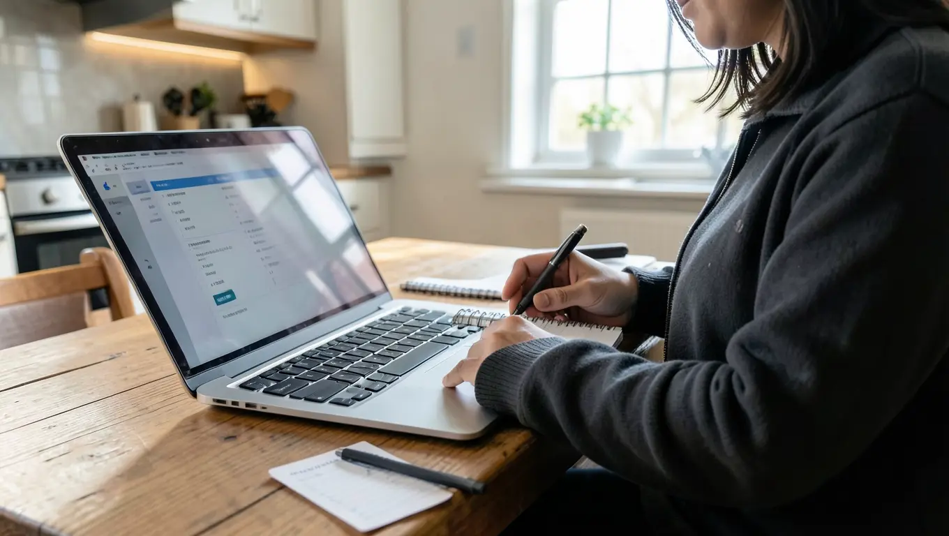 Person budgeting for a car purchase with a laptop and notebook at home