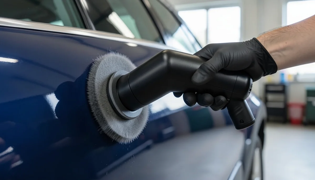 Gloved hand using a dual-action car buffer polisher with a foam pad to buff a dark blue car door panel