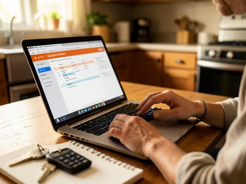Person calculating a car loan monthly payment on a laptop and calculator at home