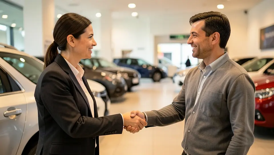 Car buyer shaking hands with a salesperson in a dealership showroom