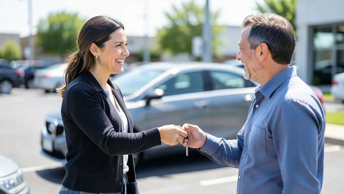 Car buyer receiving the keys to a new vehicle from a salesperson after saving enough for the down payment