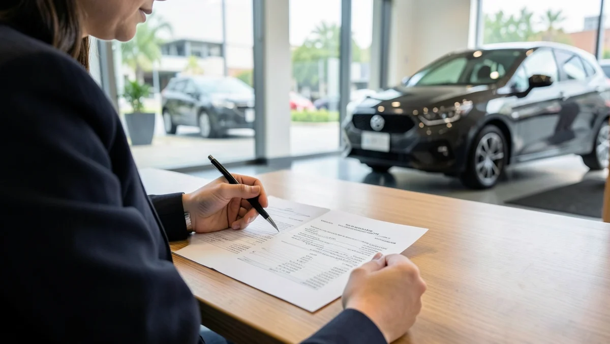 Car buyer reviewing a printed sales contract at a dealership desk with a new car visible in the showroom