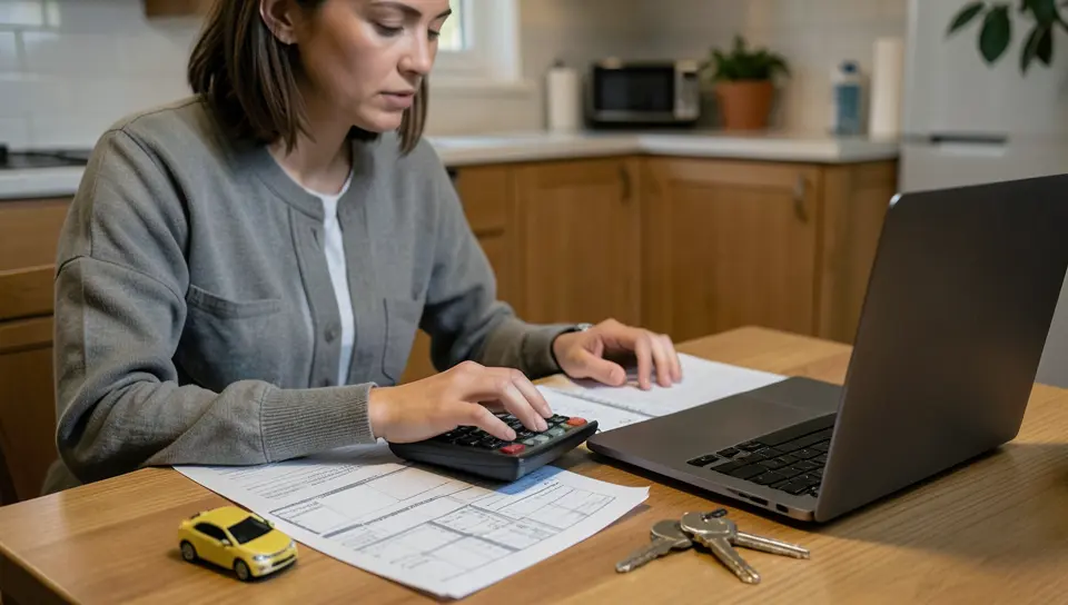Person calculating car-buying finances at a kitchen table with a laptop, papers, and car keys
