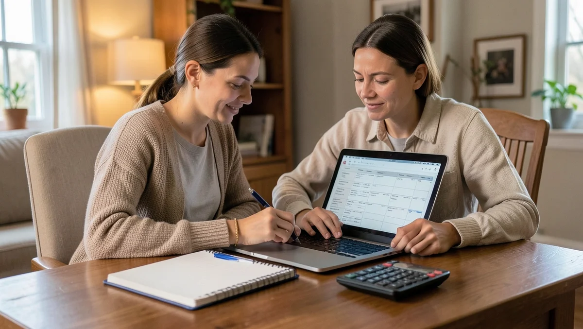 Two people reviewing a monthly budget on a laptop to plan for a new car purchase