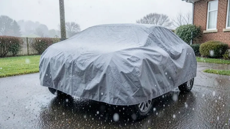 Car parked outdoors under a waterproof cover during a hailstorm