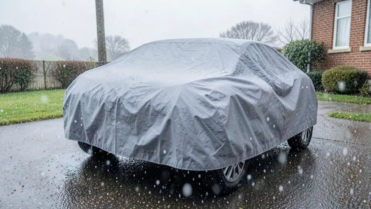 Car parked outdoors under a waterproof cover during a hailstorm