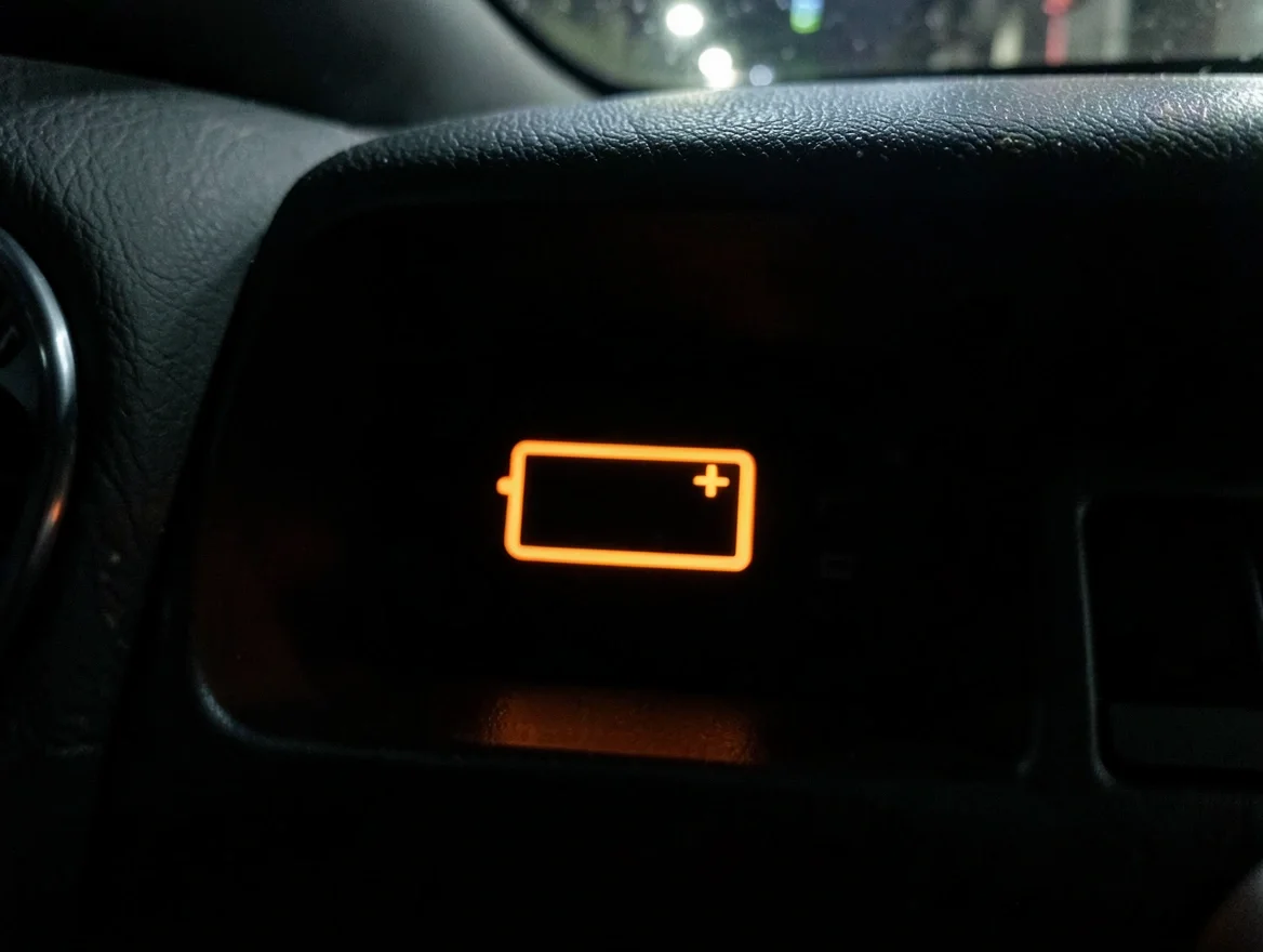 Illuminated orange battery warning light on a car dashboard at night