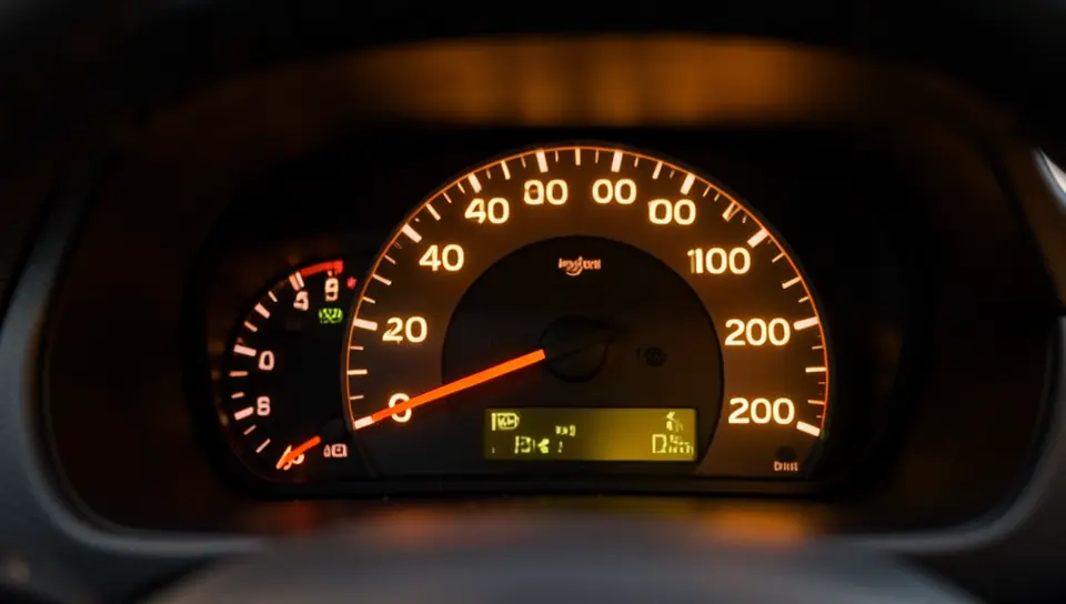 Illuminated car dashboard gauge cluster showing speedometer and instrument panel