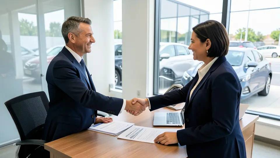 Car buyer and finance manager shaking hands over 0% APR loan paperwork at a dealership