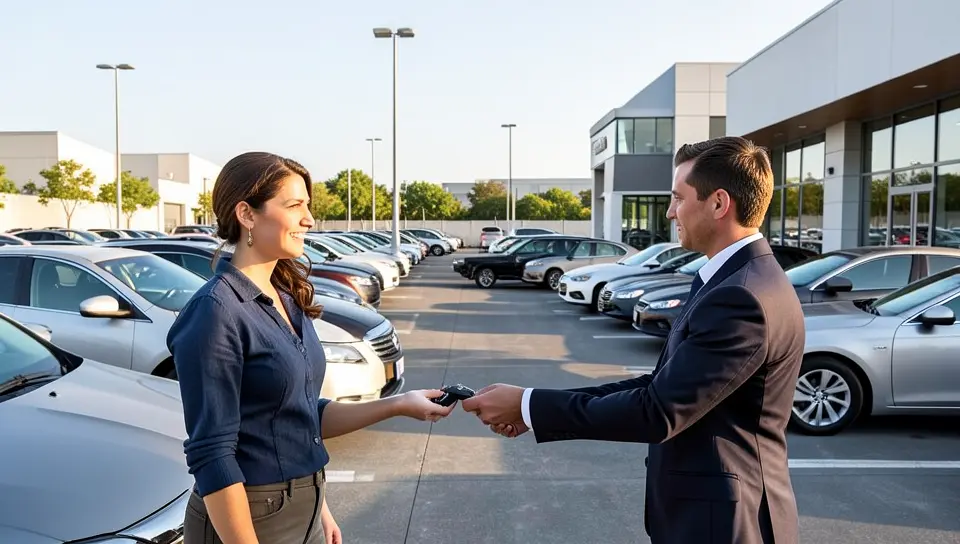 Salesperson handing car keys to a customer on a dealership lot