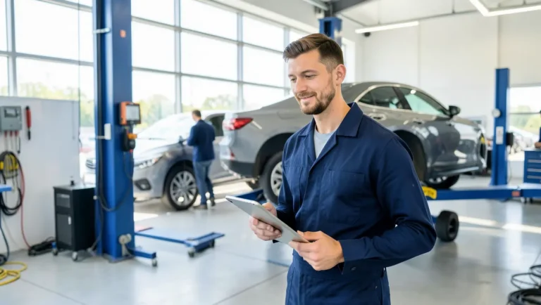 Car dealership mechanic reviewing a repair order on a tablet in a modern service bay