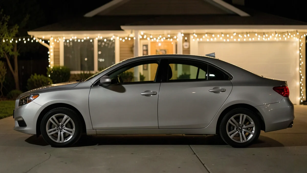 Car parked in a driveway at night with warm white LED string lights along the roofline, decorated house in background