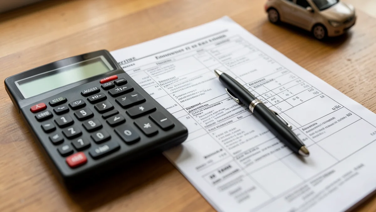 Calculator and depreciation worksheet next to a small model car on a desk