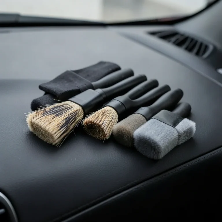 Set of car detailing brushes with natural boar bristle and soft synthetic heads on a car dashboard