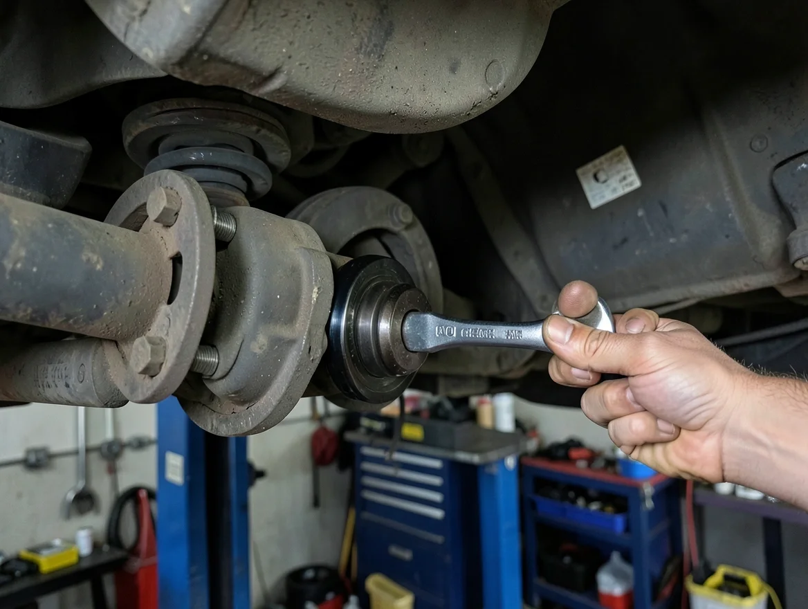 Mechanic using a wrench on a vehicle's front differential and driveshaft CV joint underneath a car on a lift
