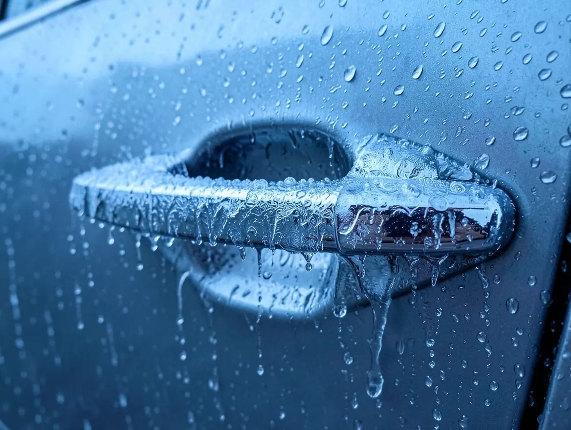 Chrome car door handle and lock coated in a thick layer of clear ice after freezing rain