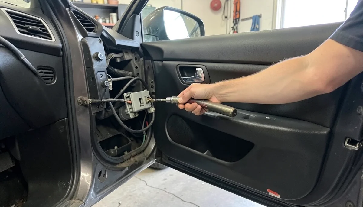 Mechanic repairing car door handle linkage cable inside an open door panel