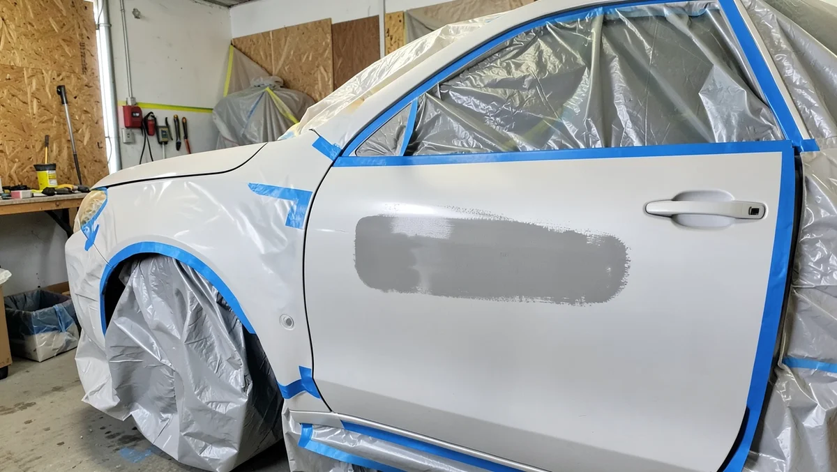 Car door masked off with tape and plastic sheeting before painting, with a sanded primer patch