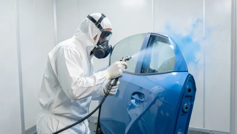 Auto body technician spray-painting a car door panel in a paint booth