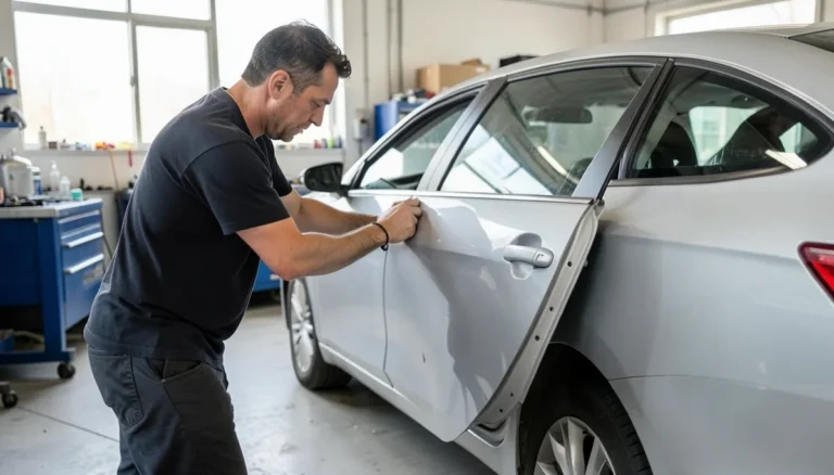 Mechanic inspecting a new replacement car door panel next to a sedan in an auto body shop