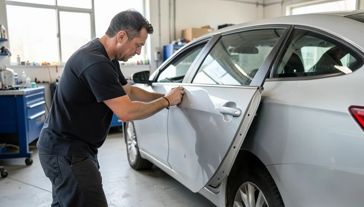 Mechanic inspecting a new replacement car door panel next to a sedan in an auto body shop