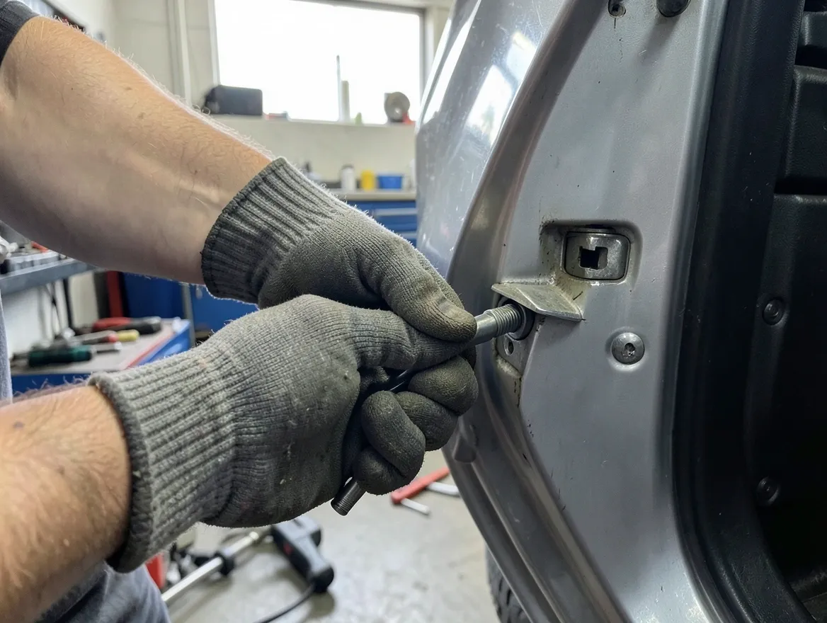 Mechanic inspecting a car door striker pin and latch mechanism