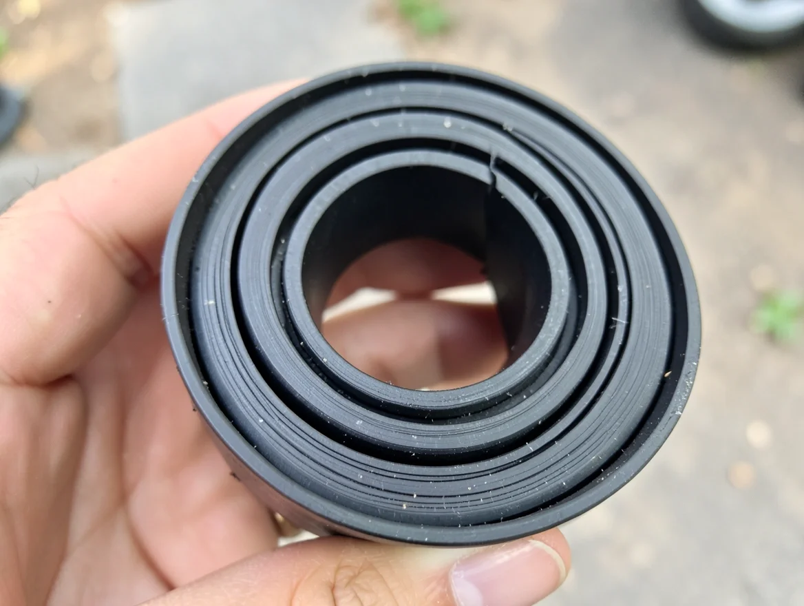 Coiled black rubber automotive weatherstripping strip with adhesive backing peeled back showing the bulb seal cross section
