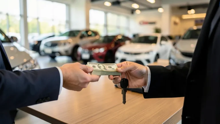 Buyer handing cash and car key to a dealership salesperson to cover a down payment