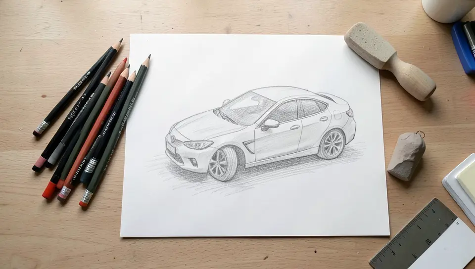 Graphite pencils, kneaded eraser, and blending stump laid out next to a car sketch