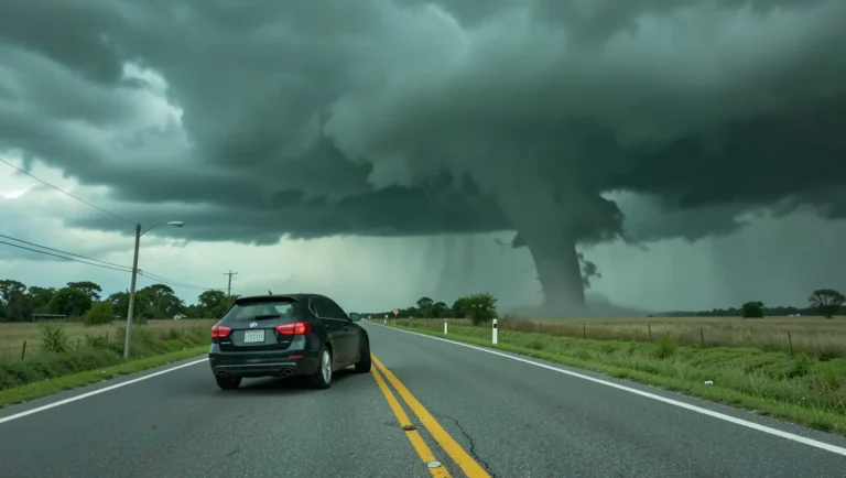 Car on a rural highway with a tornado touching down in the distance