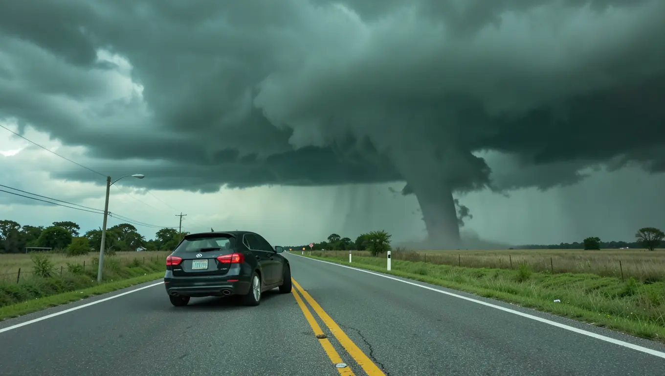 Car on a rural highway with a tornado touching down in the distance
