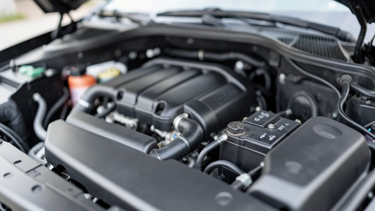Close-up view under the hood of a car engine bay showing the battery and starter area