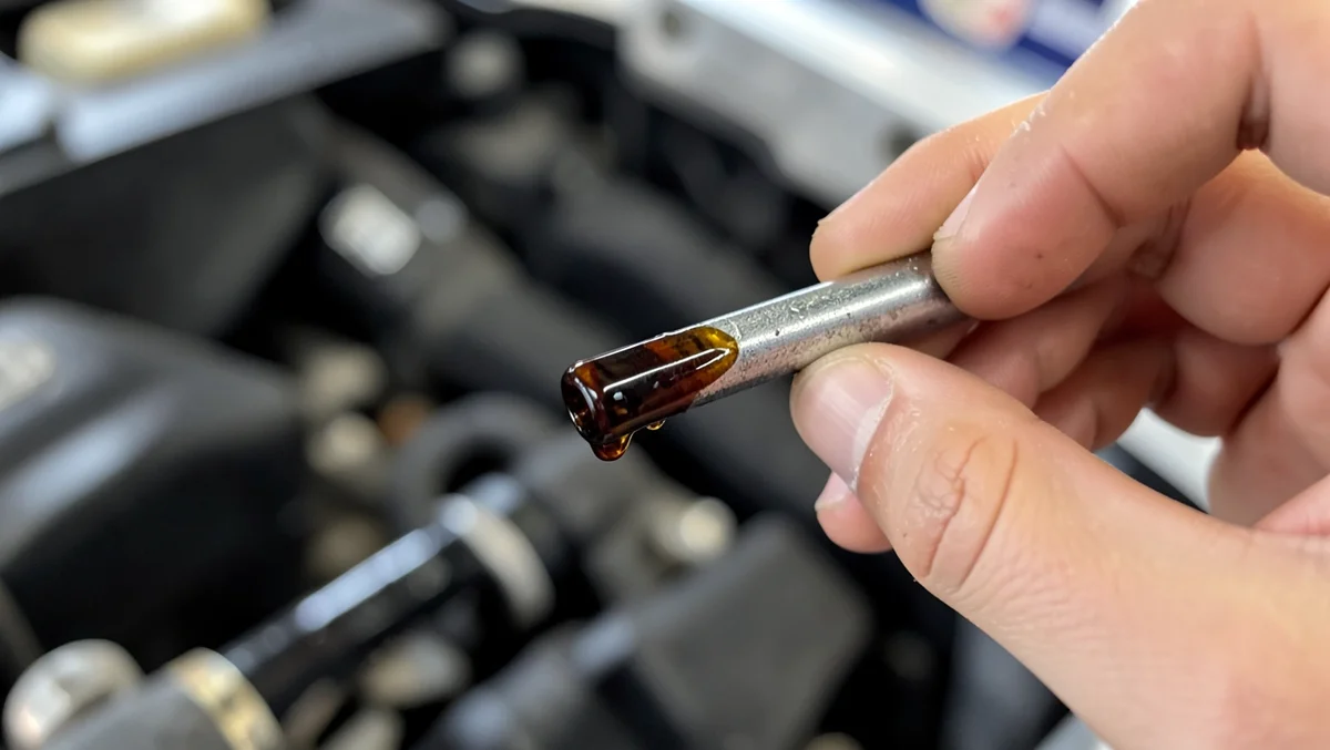 Wet engine oil dipstick showing oil coating well above the safe fill level