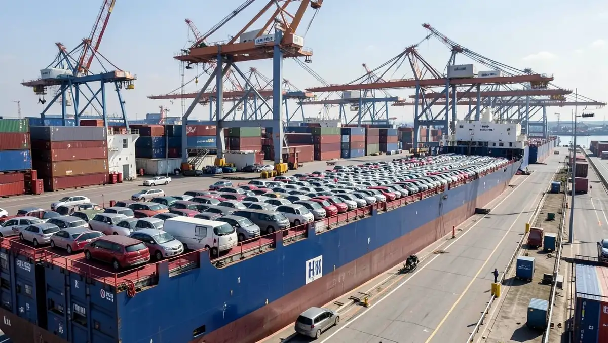 Cargo ship loaded with new export cars at a busy port terminal