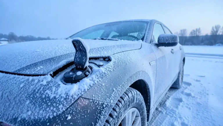 Snow covered car with the fuel filler door open, showing frost around the gas cap in freezing weather