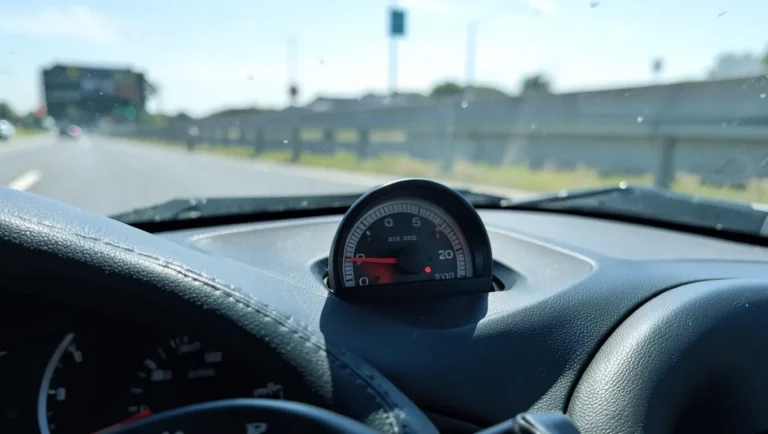 A close-up of a car fuel gauge showing a full tank with a highway visible ahead
