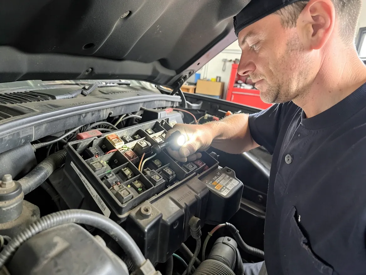 Mechanic inspecting a car fuse box with a flashlight to check the blower motor fuse