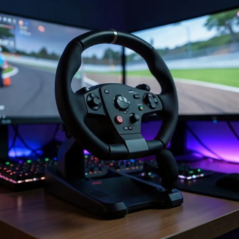 A generic sim racing wheel and pedal set on a desk in front of dual monitors showing a racing game track