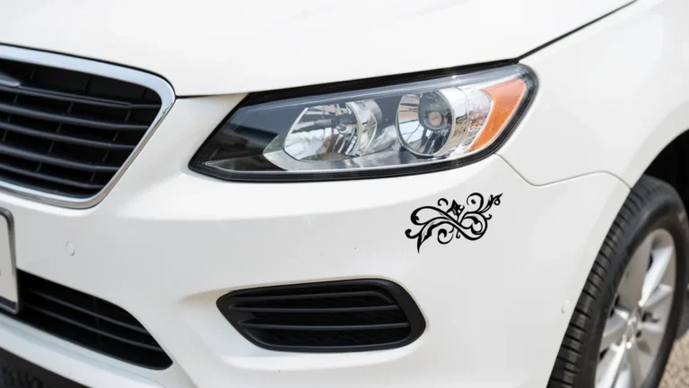 Car headlight with a small decorative decal applied beside the lens, not covering it