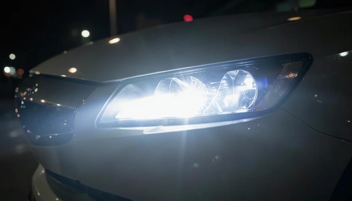 Close-up of a car headlight emitting a bright white beam of light at night