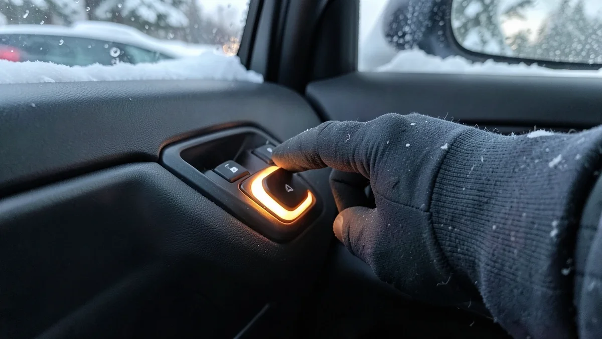 A gloved hand pressing the heated seat button inside a cold car interior