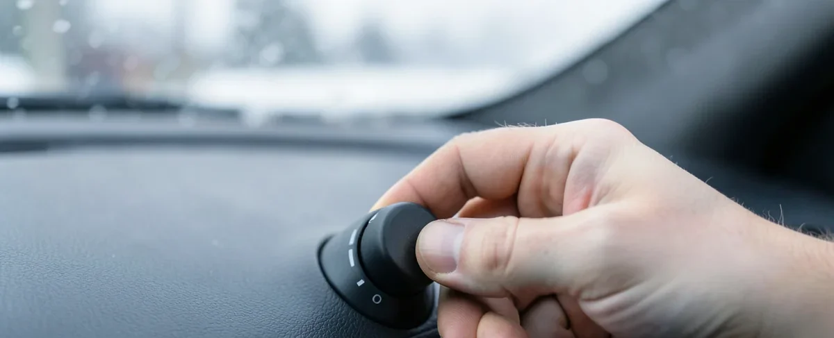 Hand turning a car heater temperature dial to warm on a winter morning